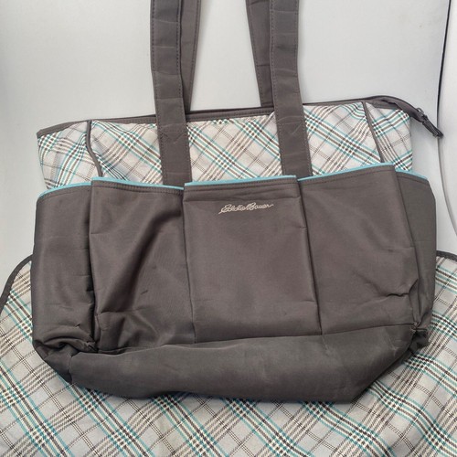 Eddie Bauer Diaper Bag Tote Plaid Gray/Teal w/ Changing Pad - Picture 9 of 17