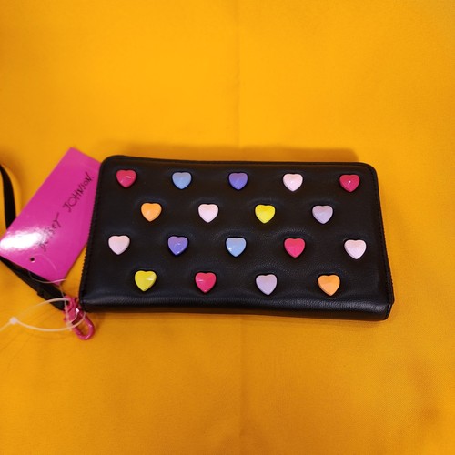 Betsey Johnson Geldbörse farbig Herz Nieten Kalbsleder umlaufender Reißverschluss schwarz NEU - Bild 7 von 13