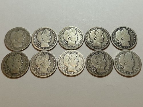 Barber Quarter Lot of 10 Coins $2.50 Face 90% Silver Full Dates And Rims VF