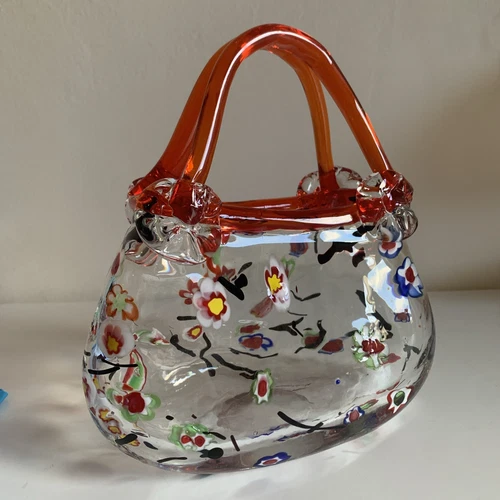 Vintage Italian Art Murano Glass Basket Millefiori Purse Design Orange Handles
