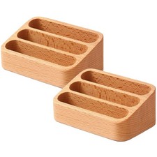 Sizikato 2pcs Beech Wood Business Card Holder for Desk, 3 Card Slots Business...