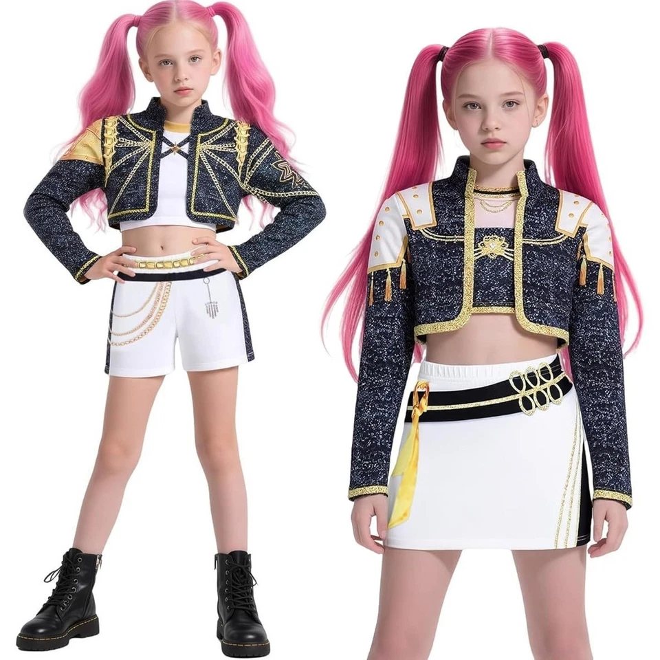 Kids Girls KPop Demon Hunters Costume Rumi Zoey Cosplay Fancy Dress Wigs Outfits - Image 2 of 4