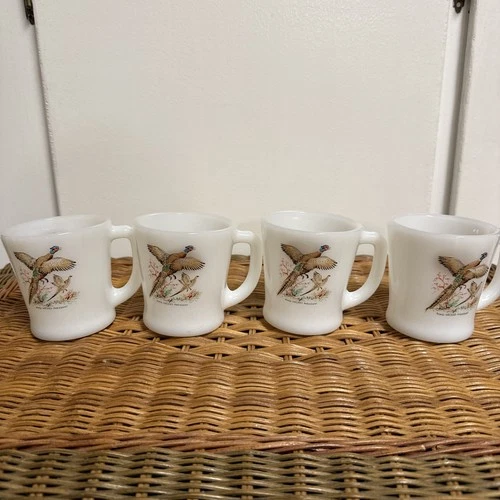 Fire King Vintage Ovenware Glass Ring-Necked Pheasant Coffee Cup Mug Set Of 4