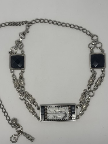 Vintage Leatherock USA Boho Western Chain Belt Silver Howlite Black Stone 44" - Picture 3 of 12