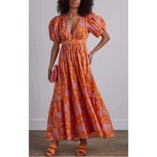 XIRENA Larkyn Orange Pink Print Puff Sleeve Tiered Maxi Dress Pocket Size Medium