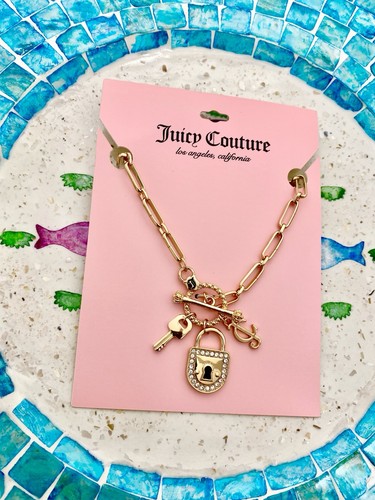 Juicy Couture Gold Plated Rhinestone Padlock Key & "J" Charm Adjustable Necklace - Picture 4 of 4