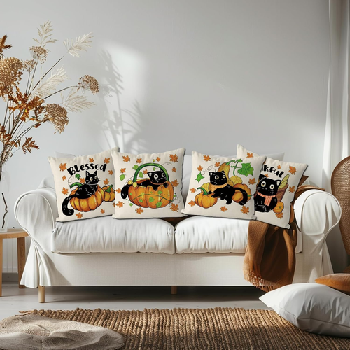 4er Set Herbst Kissenbezüge 18x18 Katze & Kürbis Deko Kissenbezüge - Bild 4 von 12
