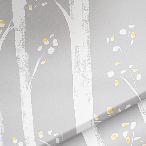 3 Rolls Grey White Trees Wallpaper Yellow Floral Smooth Flat Finish Feature Wall - Picture 7 of 14