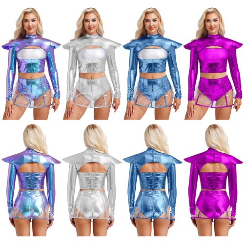 Costumi da donna Space Cadet astronauta metallizzati cosplay alieno crop top gonne - Foto 3 di 45