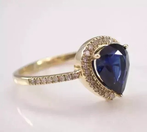 2 kt Birnenschliff Lab Created blauer Saphir Halo Ehering 14 K Gelbgold plattiert - Bild 5 von 5