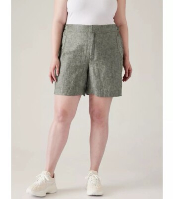 ATHLETA  | NWT Voyager 100% Linen Shorts Size 18 Aspen Olive Beachy Casual Chic