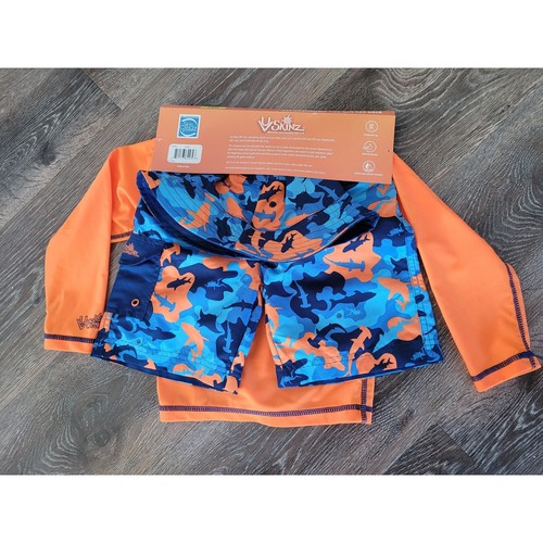 VSkinz Kids Swimwear Set UPF 50+ Sun Hat Reversible Shark Orange Blue Size 5 #9 - Picture 3 of 3