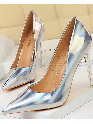Zapatos De Tacón Elegantes De Cuero Sintético Plateados Brillantes 10.5 Cm 9280 - Imagen 3 de 3