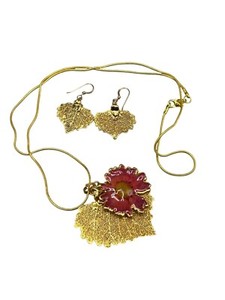 Authentic Gold Plated Dipped Leaf Necklace & Earrings Set With Real Pressed Flower