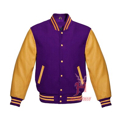 Varsity Gothic College Bomber Jacket Unisex Lila Wool Gold Leder Retro