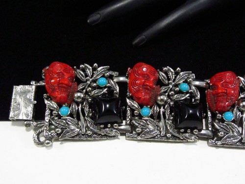 LOVELY 1960s SELRO NOH OKINA RED DEVIL 7 1/2" SILVER PLATED LINK BRACELET SA25 - Picture 4 of 7