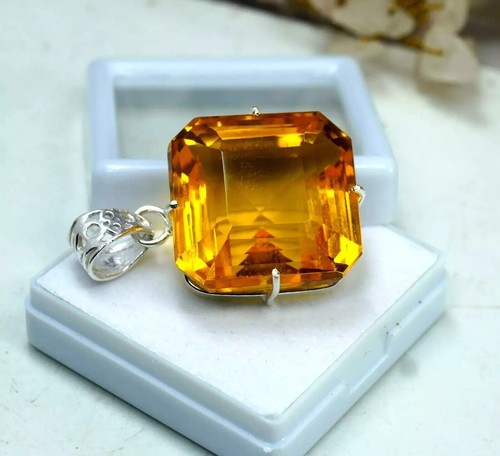 Radiant Cut Yellow Natural Citrine 925 Solid Silver 93.45 Ct Pendant Gemstone - Picture 3 of 7