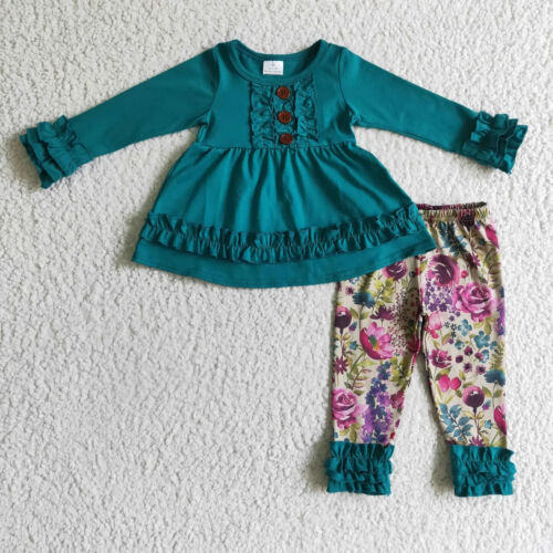 Girls Maroon Cotton Tunic Floral Ruffle Leggings Set 2pcs Outfit - Picture 11 of 15