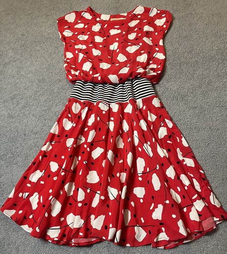 Katie Union Made Women’s Dress Sz 10 Midi Drop Waist Red Abstract Retro Boho - Picture 5 of 11