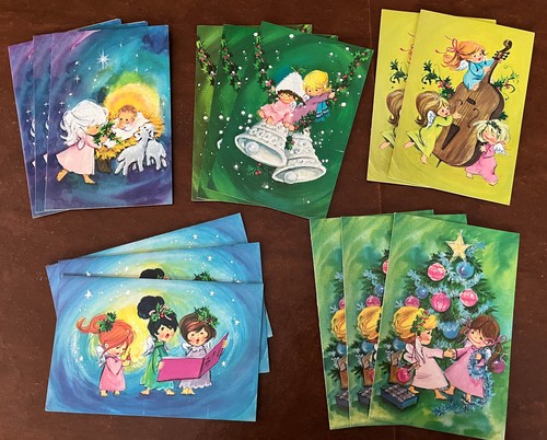 Unused Vintage MCM Box 14 Christmas Cards Heavenly Darlings Angel Girls Glitter - Picture 2 of 18