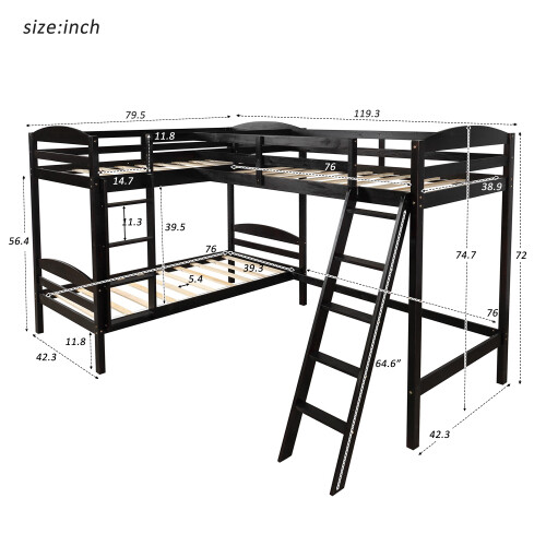 L-Shaped Bunk Beds Loft Bed Twin Over Twin Kids Bunk Beds Espresso/White/Gray - Picture 27 of 30