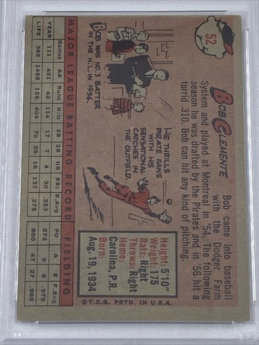 1958 Topps Roberto Bob Clemente #52 Calificado PSA 4 En muy buena condición-Ex Salón de la Fama de los Piratas Salón de la Fama Salón de la Fama - Imagen 5 de 7