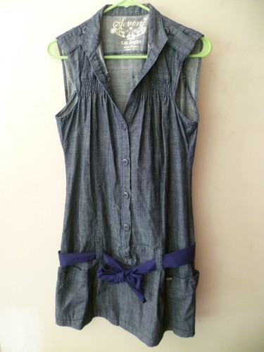 Seven 7 Jeans Brand High-Neck Sleeveless Denim Tie Front Shirt Dress Size M - Picture 10 of 10