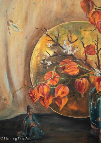 Lovely Mid Century Oil Paining Chinese Motif Floral Still Life Kathleen Dowling - Picture 2 of 9