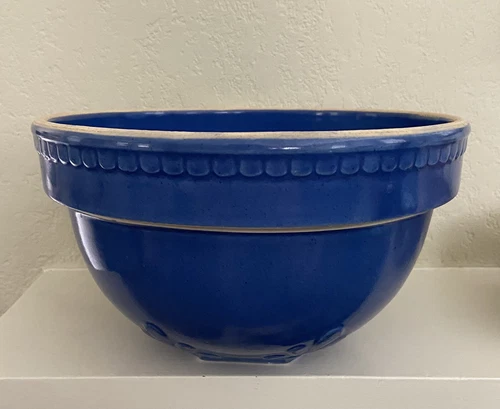 Vintage 9 In. Embossed Cobalt Blue USA Pottery Mixing Serving Bowl #6