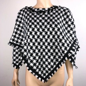 ICE-Womens-L-Black-White-Houndstooth-Fringe-Poncho-Cap-Sweater