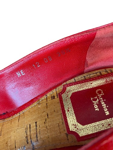 CHRISTIAN DIOR Red Patent Leather Bow Starlet Peep Toe Cork Heel Pumps Size 36.5 - Picture 9 of 14