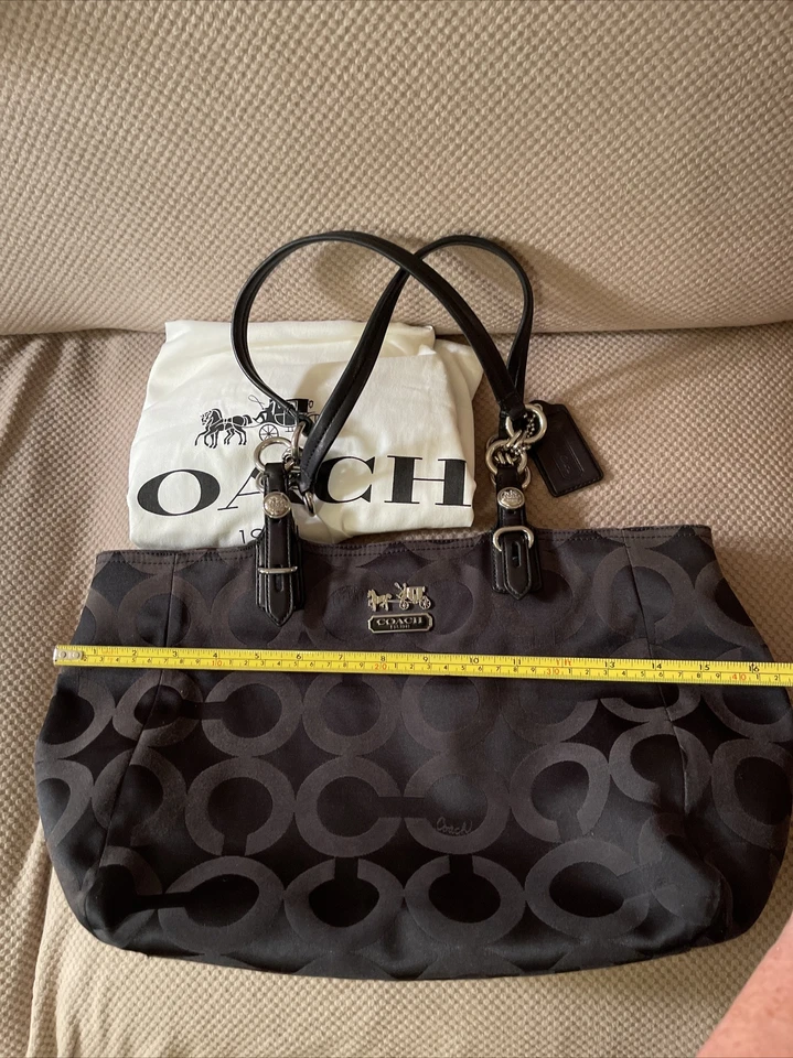 Tengo que tener!   Bolso de Mano COACH Mia Op Art Lurex Cuero Lona Negro con Bolsa para el Polvo Foto 3 de 4