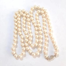 Vintage Faux Pearl Necklace 36 Inch 8mm round White Filigree Clasp Knotted