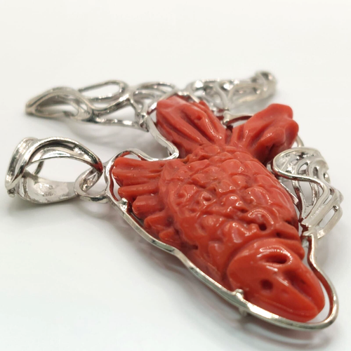 Colgante de coral de pescado, coral rojo natural, figura de estilo vintage, tallado a mano, plata - Imagen 2 de 11