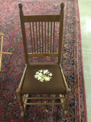 ANTIQUE VINTAGE SMALL OAK AND NEEDLEPOINT ROCKING CHAIR