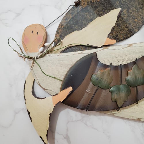 Angel Wall Hanging Wood Tin Flying Cornucopia Folk Art Fall Harvest 12x8" Rustic - Picture 2 of 10