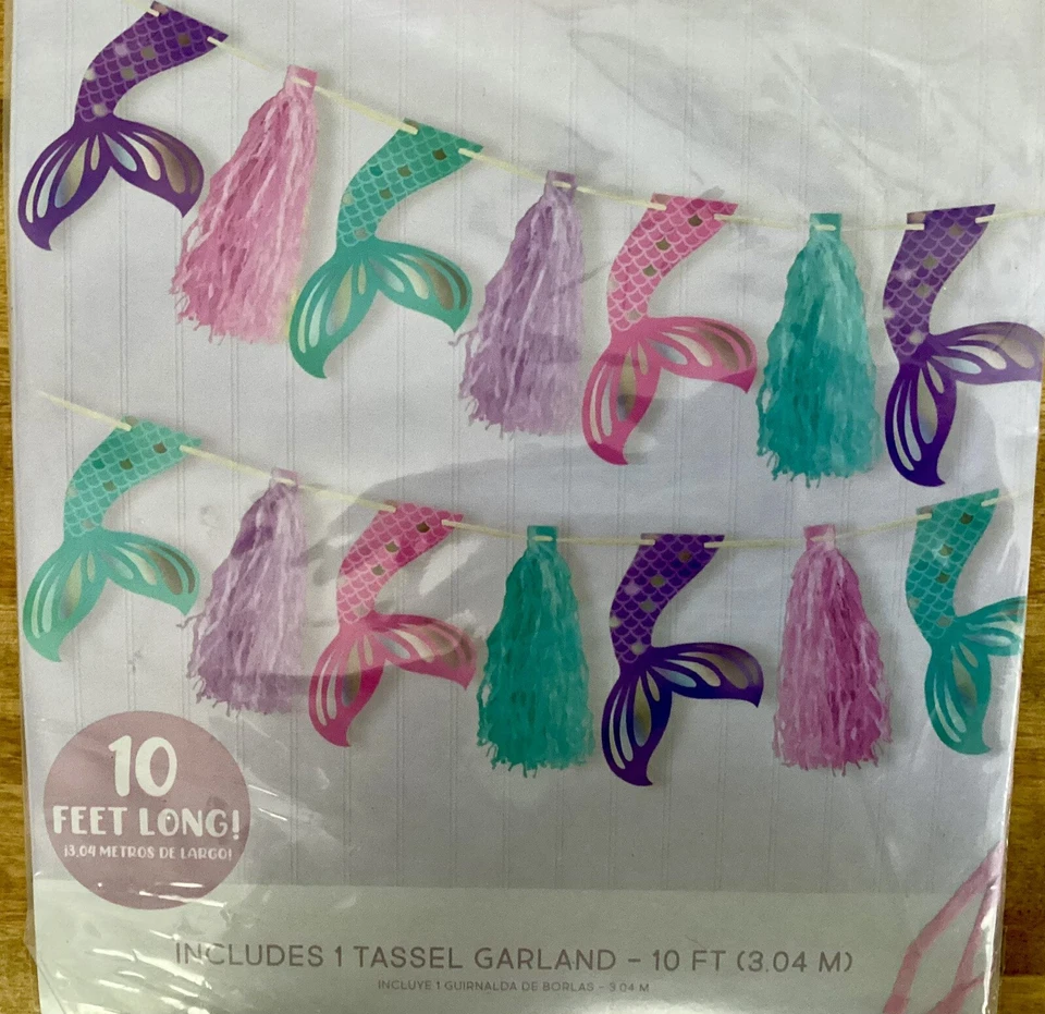 Guirnalda AMSCAN SHIMMERING MERMAIDS 10’, colas/borlas de sirena plateadas, nueva en paquete Foto 2 de 3