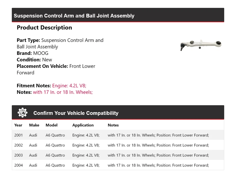 For 2001-2004 Audi A6 Quattro 4.2L Control Arm Front Lower Forward MOOG 2001 - Image 2 of 4