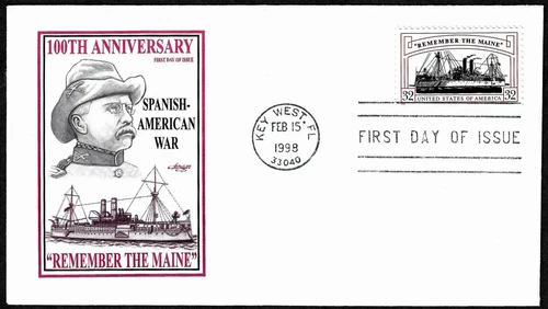 REMEMBER THE MAINE SPANISH AMERICAN WAR TEDDY ROOSEVELT 1998 ARTMASTER CACHT FDC