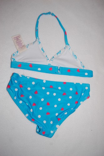 Girls Swimsuit 2 PC BIKINI SET Turquoise DOTS STRIPES FLOWERS Pink Hearts XS 4-5 - Picture 2 of 2