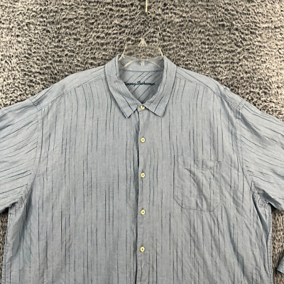 Tommy Bahama Linen Shirt Mens XXL Blue Green Thread Stripe Canvas Summer Beach