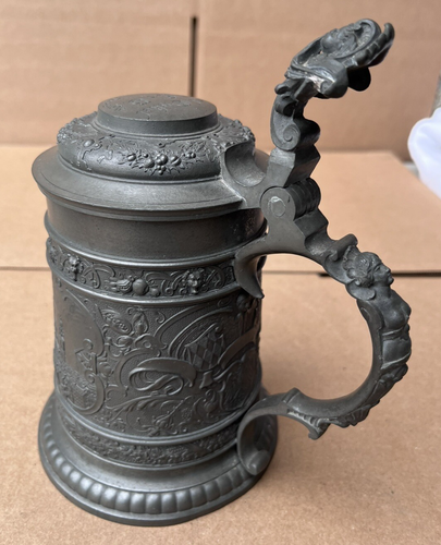 Antique German Pewter Metal Lidded Beer Stein Tankard City Onkel Carl Gartner - Picture 5 of 10