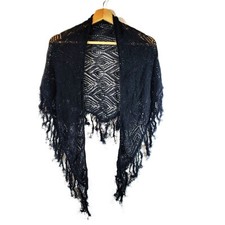 Vintage Ladies Crocheted Shawl Black Wrap Hong Kong Rayon Triangle Fringe