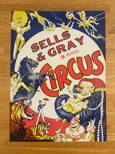 Sells & Gray 3 Ring Zirkus Pferd Löwe Pferd Frau 19" x 26" Poster Vintage Typ - Bild 1 von 7