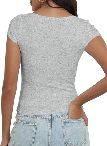 Women'S Casual Crop Top Short Sleeve T-Shirts Scoop Neck Slim Fit Ribbed Knit - Picture 2 of 12