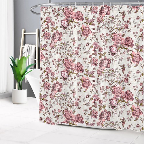 Juego de Cortina de Ducha Floral Rosa Hoja Verde Planta de Granja para Decoración de Baño - Imagen 5 de 23