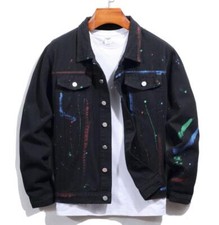 Men's Black Denim Jean Jacket Printed Button Basic Coat Punk Hip Hop Colorful