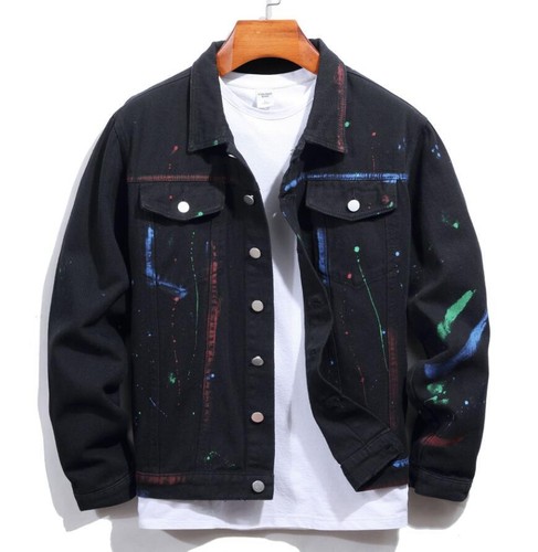 Men's Black Denim Jean Jacket Printed Button Basic Coat Punk Hip Hop Colorful - Bild 1 von 11