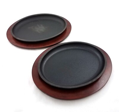 Set of 2 Browne Halco Cast Iron Oval Fry Skillets 10 Inch Underliner Wood Trays
