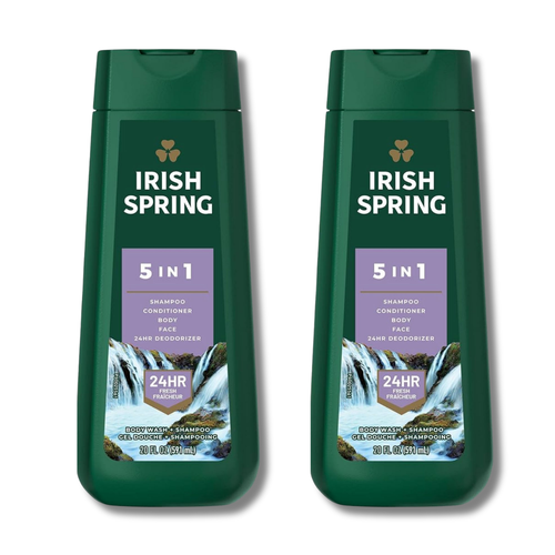 2-Pack Irish Spring 5-in-1 Body Wash + Shampoo + Conditioner + Face Wash + 24Hr